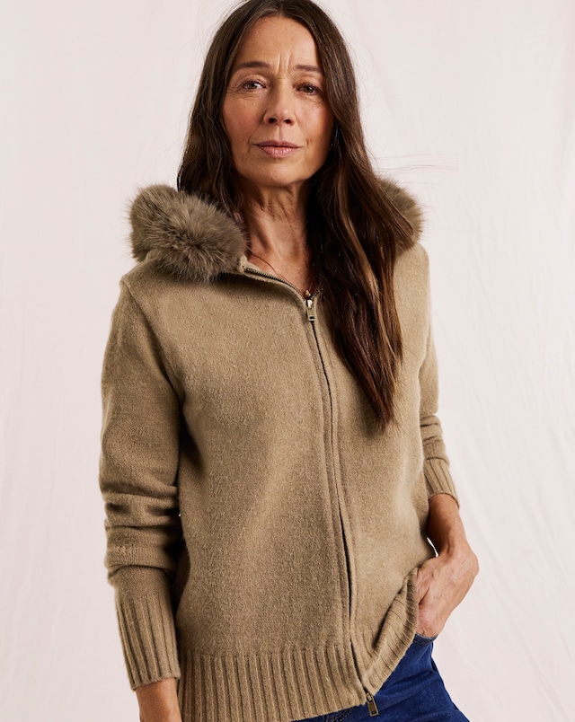 Julipa Fur Trim Hooded Knitted Jacket