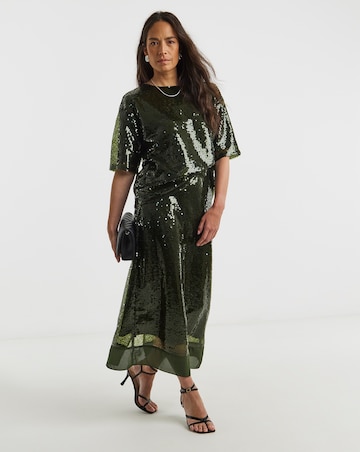 Green Sequin Column Skirt