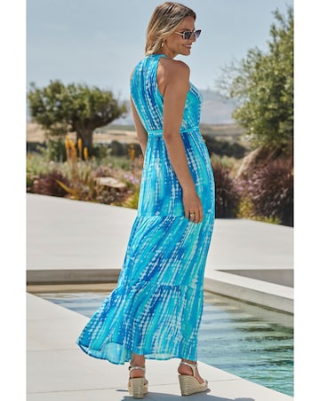 Sosandar Blue Conversational Halterneck Tiered Dress