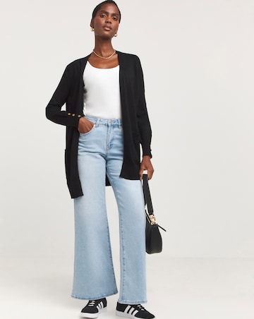 Black Longline Cardigan With Button Cuff
