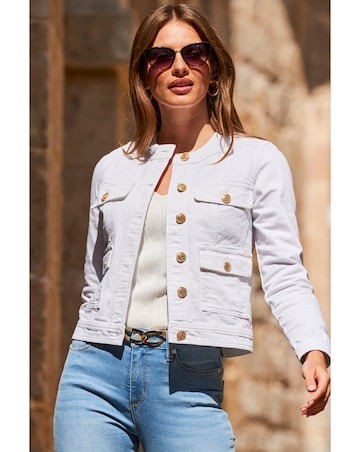 Sosandar White Round Neck Pocket Front Denim Jacket