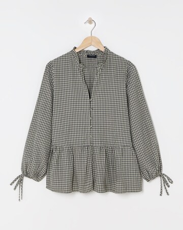 Womens Smock Frill Detail Button Through Blouse - Natural Check