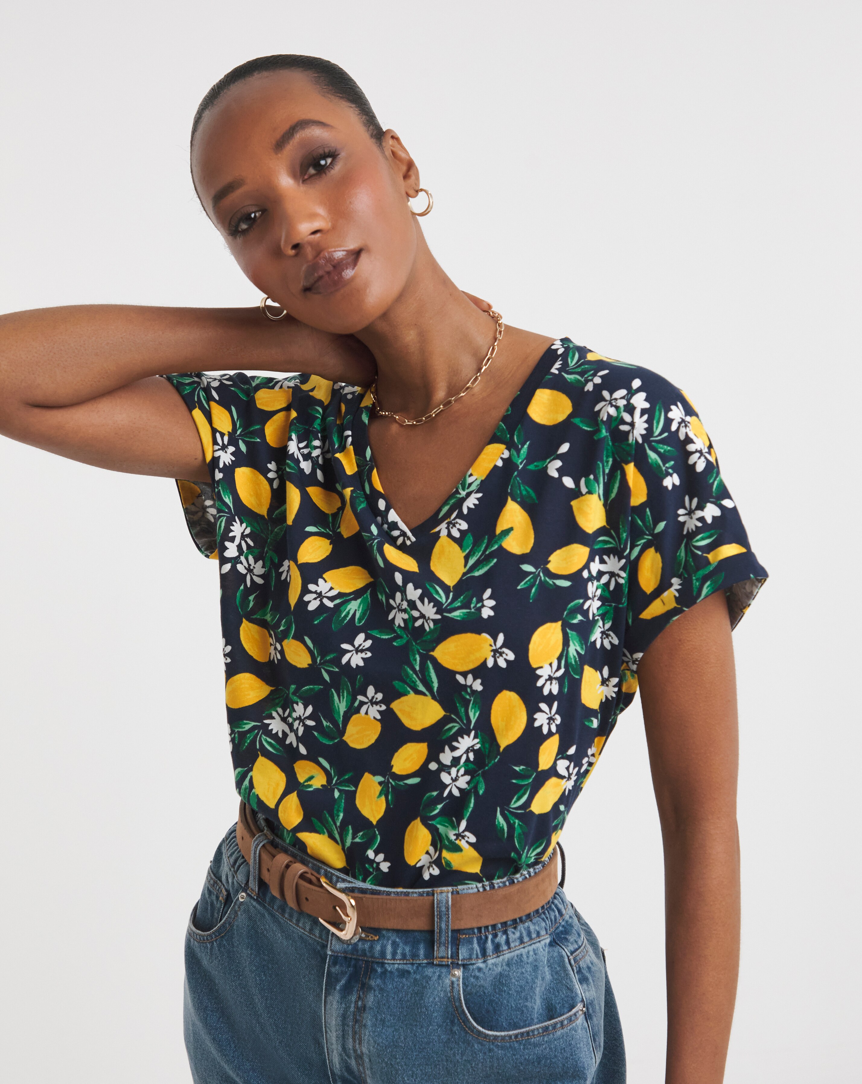 Pure Cotton Lemon Print  V Neck Printed T-Shirt