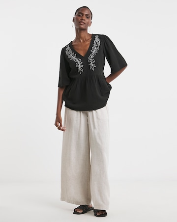 Embroidered Pure Cotton Textured Short Sleeve Smock Top