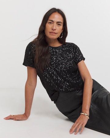 Black Sequin Longline Top