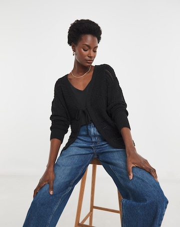 Black Tie Front Crochet Cardigan