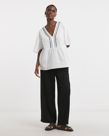 Trim Detail Pure Cotton Textured Short Sleeve Smock Top