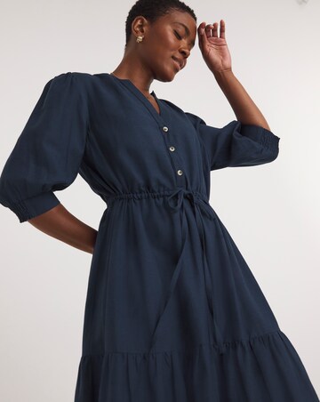 Collarless Smock Midi Shirt Dress