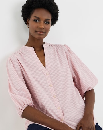 Check Collarless Button Through Blouse