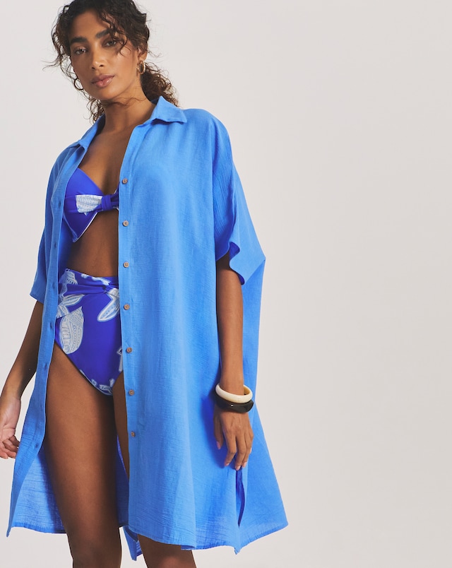 Beach to Beach Button Up Beach Shirt Blue