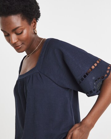 Pure Cotton Square Neck Broderie Sleeve and Hem Top