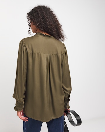 Womens Frill Detail Long Sleeve Blouse - Olive