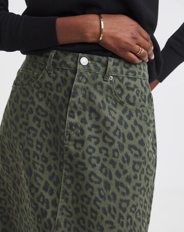 Simply Be Olive Leopard Denim Midaxi Skirt