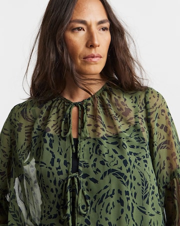 Womens Georgette Tie Detail Collarless Blouse - Khaki Print