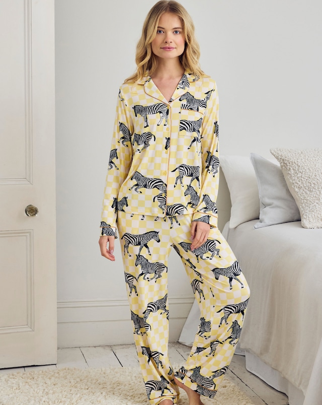 Chelsea Peers Classic Button Up Pyjama Set Zebra Checkerboard Print