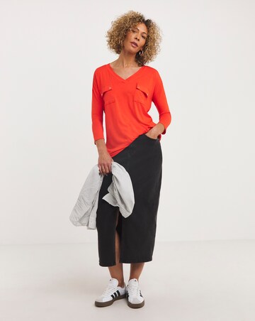 Red Utility Pocket Three Quarter Sleeve Tunic