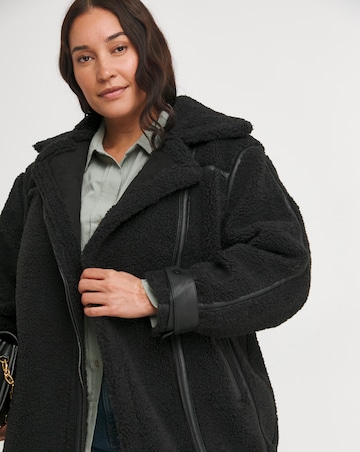 Black Longline PU Trim Teddy Coat