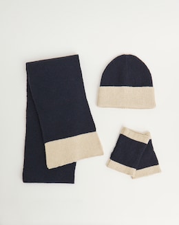 Navy Contrast Scarf Hat &amp; Handwarmer Set