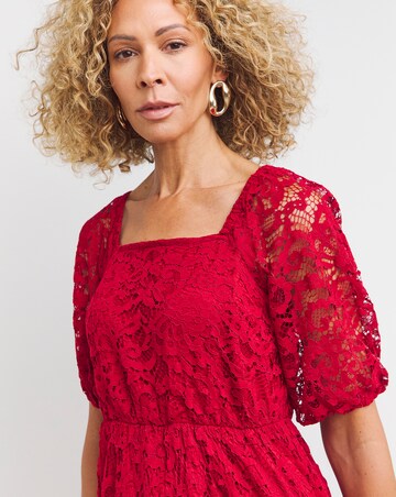 Red Square Neck Puff Sleeve Lace Dress