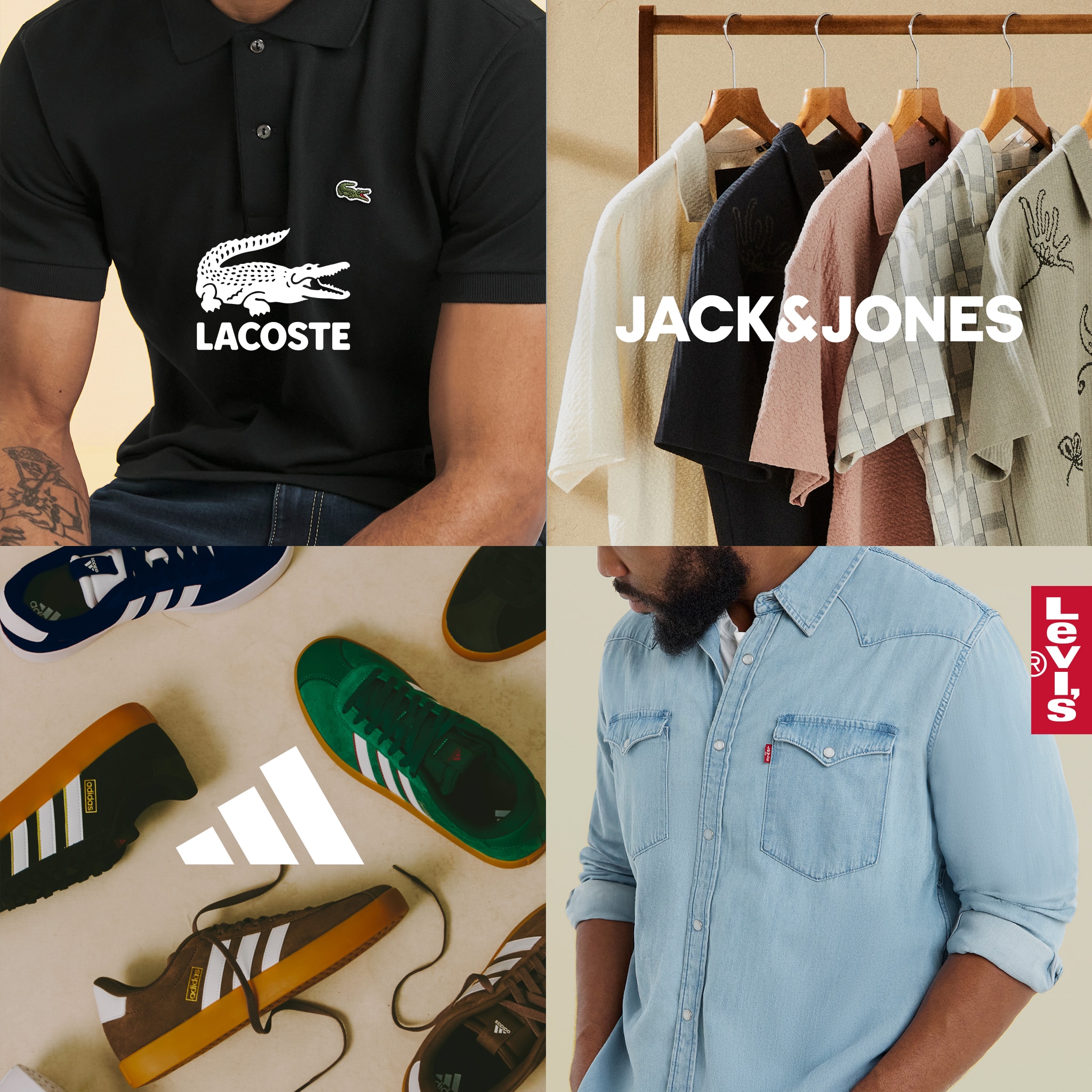 Branded menswear ranging from Lacoste, Jack & Jones, adidas and Levi's.