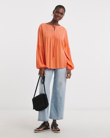 Textured Crinkle Broderie Yoke Trim Blouson Sleeve Blouse