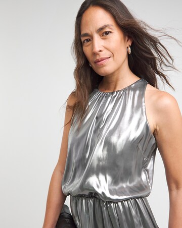 Liquid Metallic Sleeveless Godet Maxi Dress