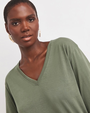 Khaki V-Neck Longline Split Hem Slouch T-Shirt