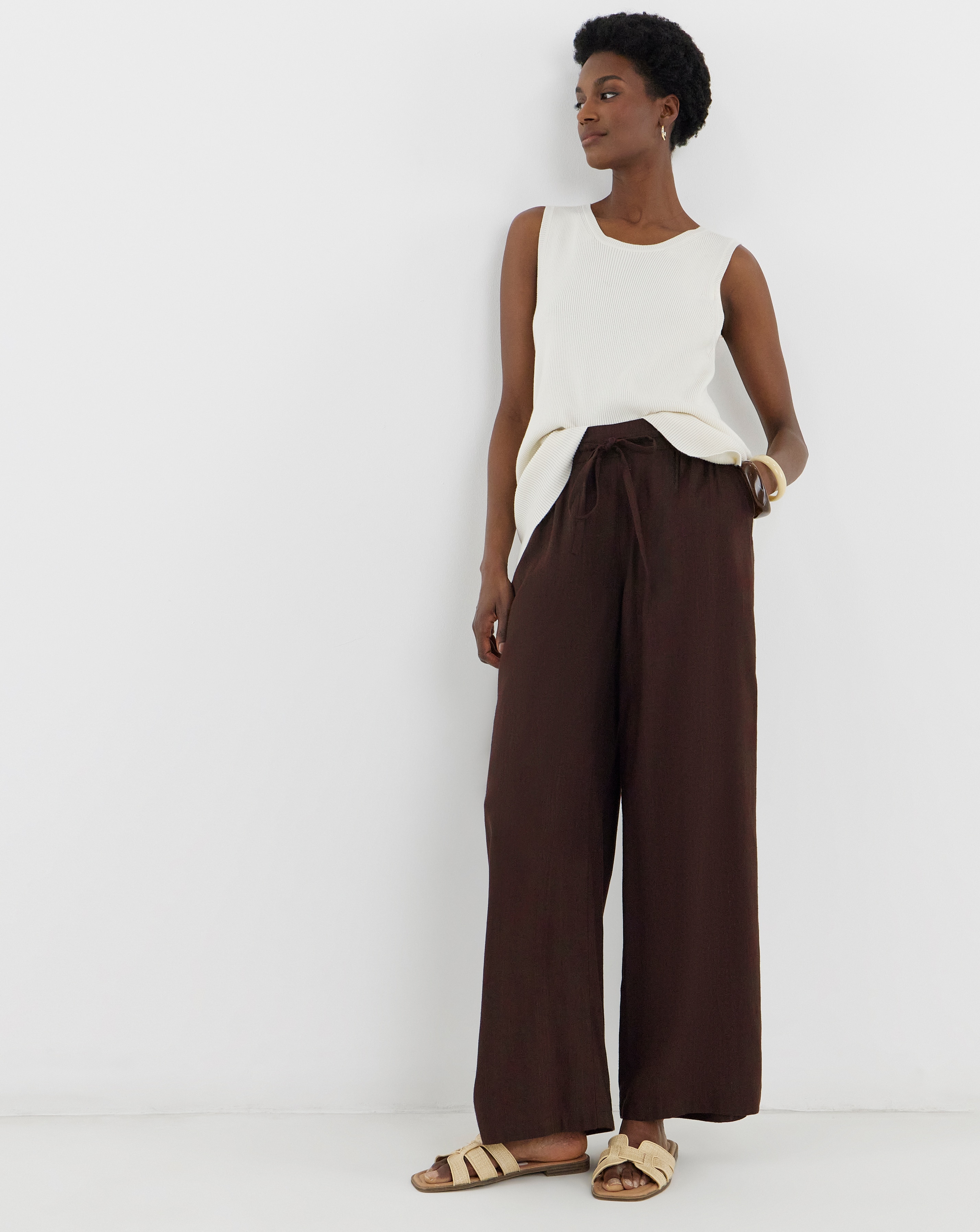 cvtvlist DAMAGED usual 24 pants ブラウン Linen Mix Wide Leg Trousers | JD Williams