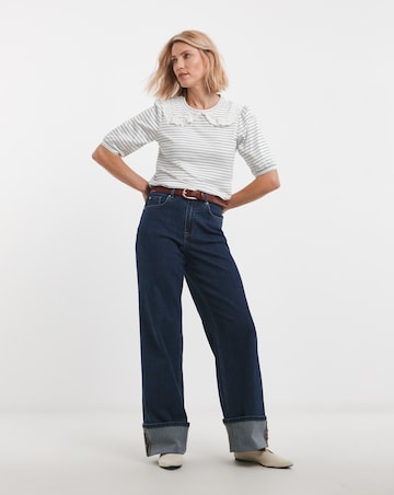 Pure Cotton Stripe Crew Neck Lace Collar Top