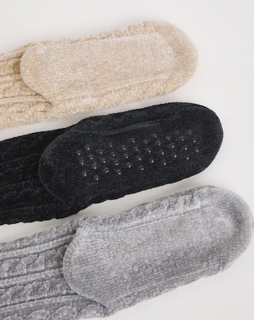 3 Pair Pack Thermal Cable Knit Fleece Slipper Socks - Black/Beige/Grey