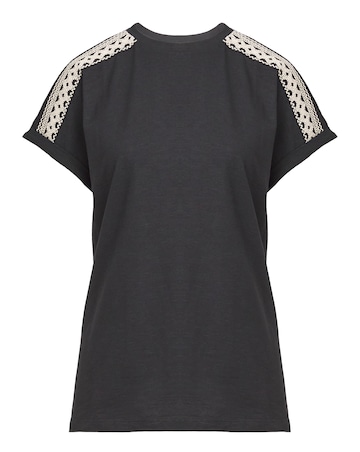 Black Crew Neck Embroidered Shoulder T-Shirt