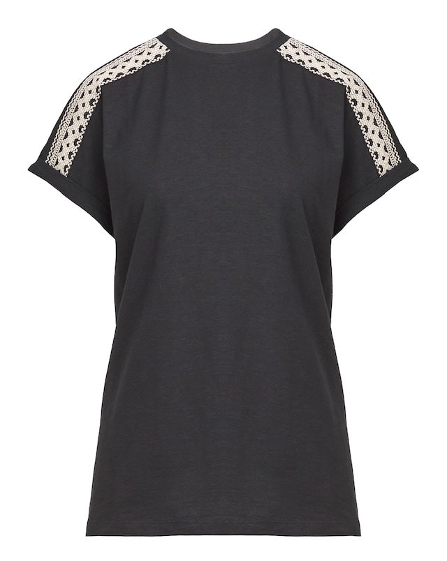 Black Crew Neck Embroidered Shoulder T-Shirt