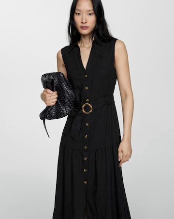Mango Black Linen Belted Dress
