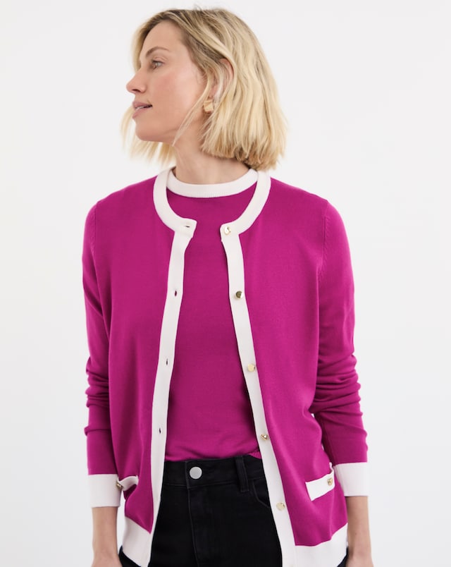 Fine Knit Fuchsia Contrast Tipping Crew Neck Cardigan