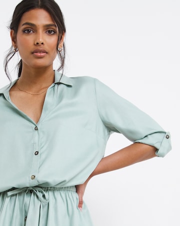 Misty Blue Three Quarter Sleeve Viscose Twill Drawstring Shirt