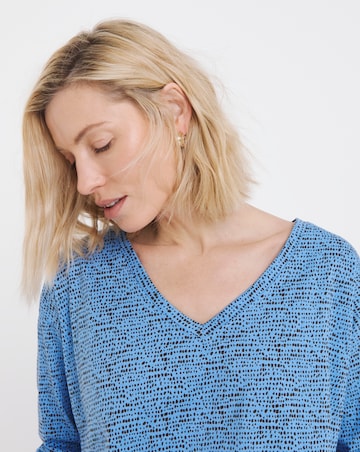Pure Cotton Blue Print Slouch Long Sleeve Longline Top
