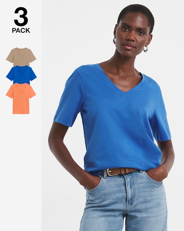 3 Pack V Neck T-Shirts - Orange/Oatmeal/Blue