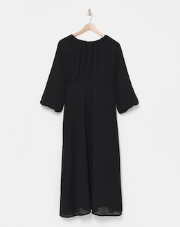 Black Textured Puff Sleeve Tie Back Smock Dress