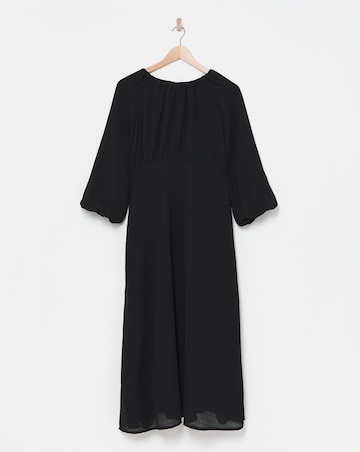 Black Textured Puff Sleeve Tie Back Smock Dress