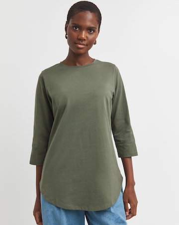 Khaki 3/4 Sleeve Curved Hem Longline Top