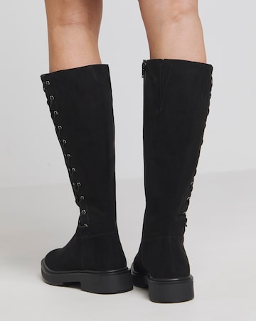 Farley Side Lace Up Flat Knee High Boots - Wide Fit (E) & Super Curvy Calf