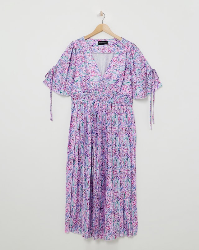 Little Mistress Print Angel Sleeve Pleated Midaxi Dress