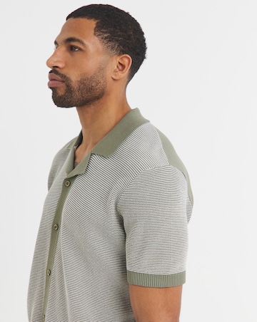 Green Textured Knit Cuban Collar Shirt