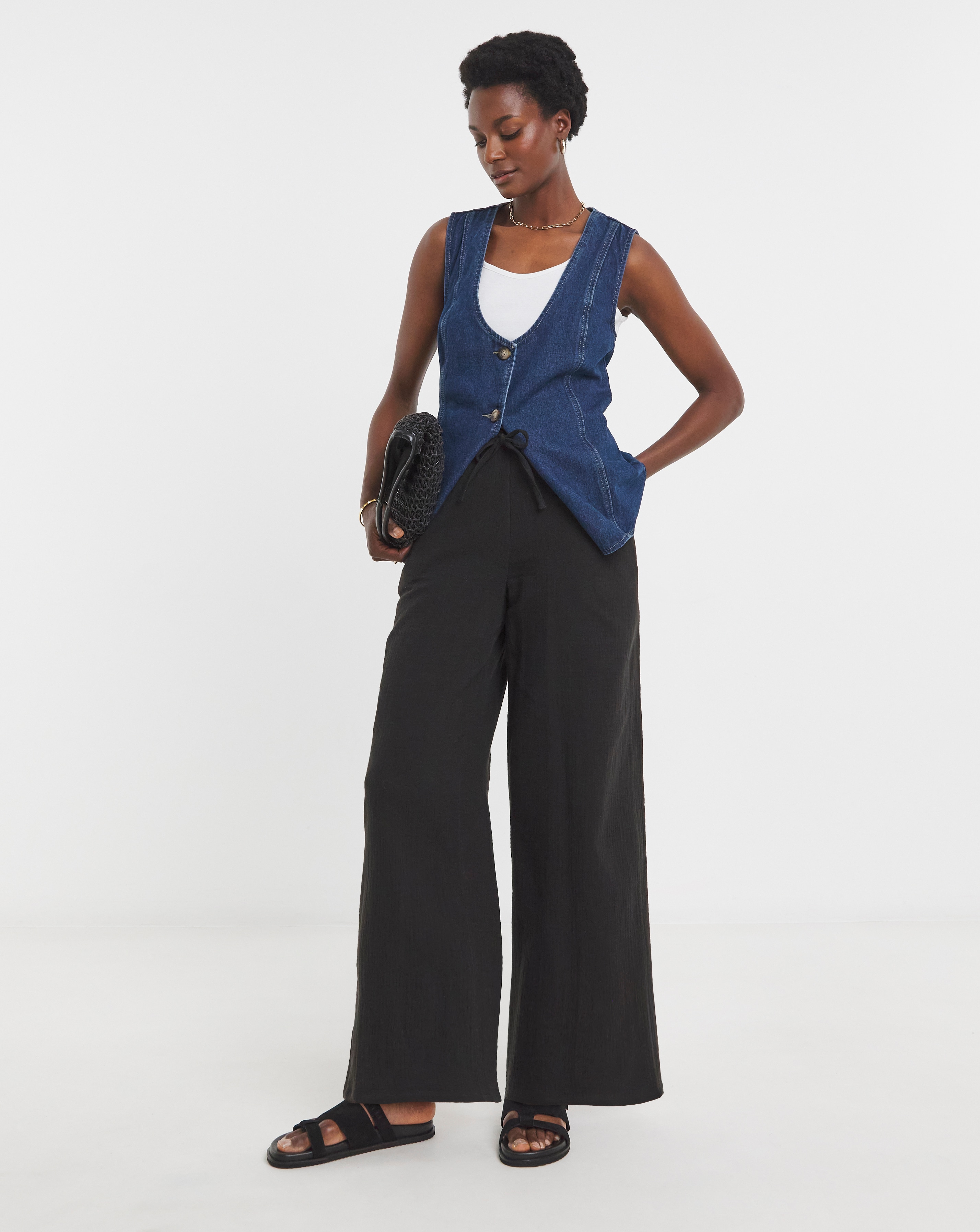 Pure Cotton Textured Pull On Wide Leg Trousers
