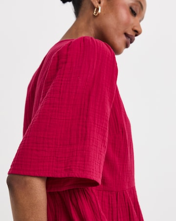 Trim Detail Pure Cotton Textured Short Sleeve Smock Top