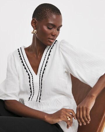 Trim Detail Pure Cotton Textured Short Sleeve Smock Top