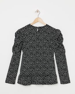 Mono Print Ruched Sleeve Top