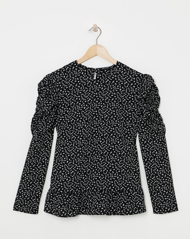 Mono Print Ruched Sleeve Top