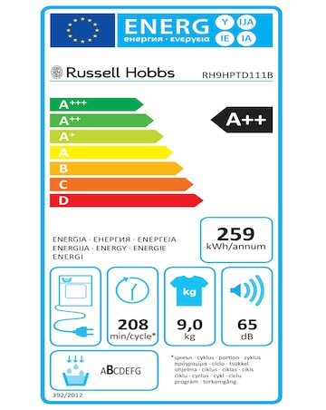 Russell Hobbs RH9HPTD111B, 9kg, Heat Pump Tumble Dryer - Black