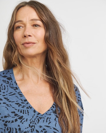 Pure Cotton Blue Print Long Sleeve Slouch V-Neck Longline Top